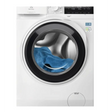 Electrolux white front-load washing machine with 10kg capacity, 1400 spin speed, featuring a black trim around the drum door with blue laundry visible inside and digital display panel on top