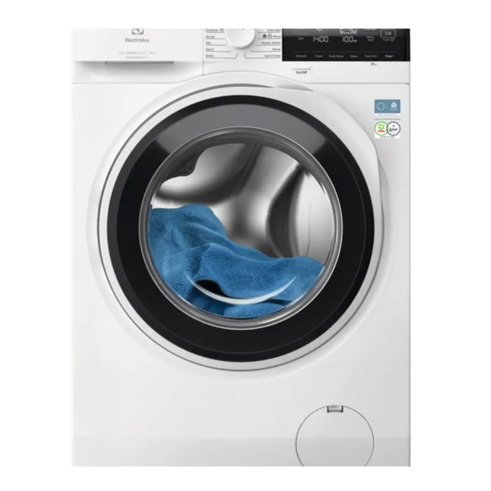 Electrolux white front-load washing machine with 10kg capacity, 1400 spin speed, featuring a black trim around the drum door with blue laundry visible inside and digital display panel on top
