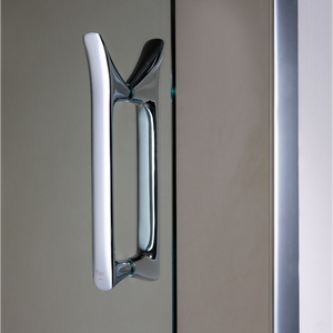 Flair ETO chrome and matte black pivot hinge shower door handle mounted on glass panel, modern minimalist design with dual-tone finish
