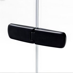 Flair ETO matte black pivot hinge for frameless shower door with chrome vertical rail, close-up detail view