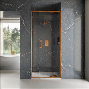 Flair ETO Infold shower door with brushed bronze frame and dark grey marble-effect surround in modern bathroom with white flooring and panoramic window