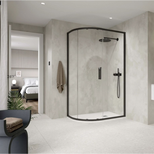 Modern bathroom featuring a matte black framed quadrant shower enclosure with curved glass doors, rainfall showerhead and handheld spray, set against light grey textured tile walls with white floor tiles, adjoining an en-suite bedroom visible through open doorway
