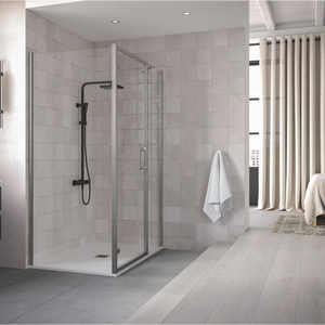 Modern bathroom featuring a Flair ETO hinged shower enclosure with matte black frame and glass panels, white subway tile walls, black rainfall showerhead, white towel, beige curtains, and light wood flooring