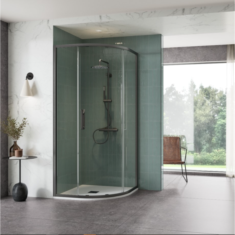 Modern matte black framed quadrant shower enclosure with green subway tile walls and curved glass doors in a contemporary bathroom with marble ceiling, grey floor tiles, and nature views through large windows