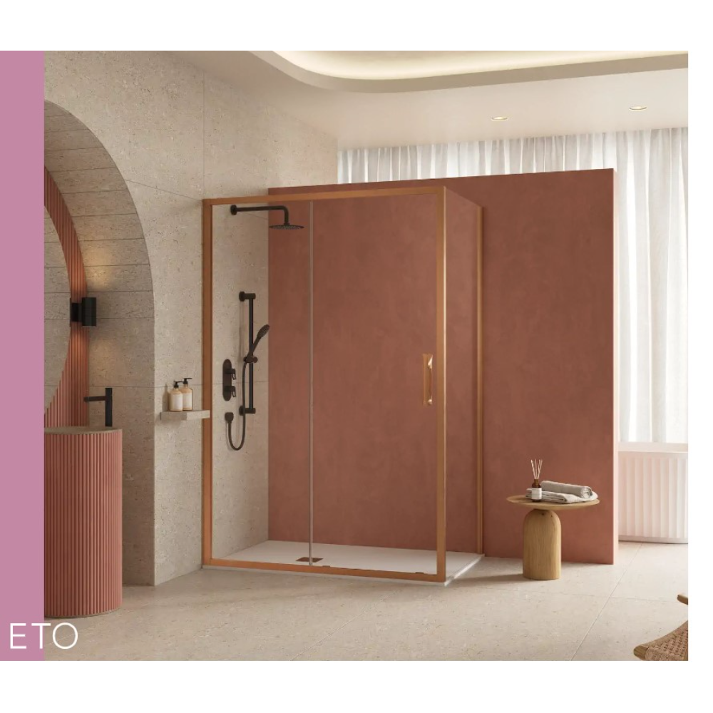 Modern bathroom featuring Flair ETO sliding shower door with terracotta panel walls, black hardware fixtures, and natural wood accents in minimalist spa-like setting with cream tile flooring and soft lighting
