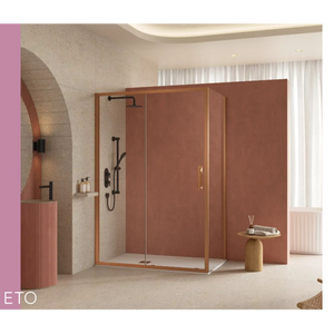 Modern bathroom featuring Flair ETO sliding shower door with terracotta panel walls, black hardware fixtures, and natural wood accents in minimalist spa-like setting with cream tile flooring and soft lighting