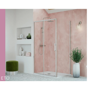 Modern chrome framed sliding shower door in a contemporary bathroom with pink textured walls, white built-in shelving, grey terrazzo flooring, and decorative white vase with green plant