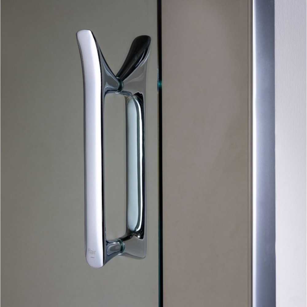 Chrome and black modern infold shower door handle with sleek minimalist design mounted on frosted glass panel