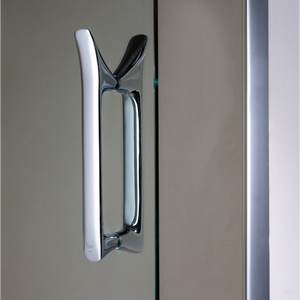 Chrome and black modern infold shower door handle with sleek minimalist design mounted on frosted glass panel