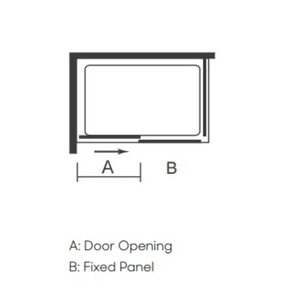 Merlyn Easy Sliding Shower Door diagram showing chrome finish with 1000mm to 1200mm width configuration, featuring door opening and fixed panel layout