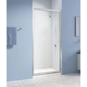 MERLYN Easy Pivot Shower Door in chrome finish with white subway tile walls and blue painted bathroom walls, 760mm to 900mm width