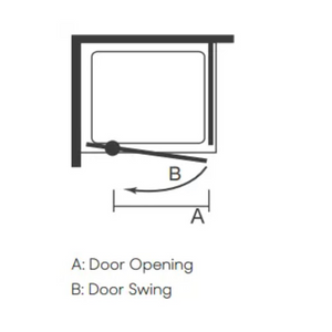 MERLYN Easy Pivot Shower Door chrome 760-900mm with diagram showing door opening width A and swing radius B