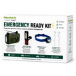 Heavins.ie Emergency Ready Kit box displaying four essential items: green Sinox Emergency Survival Radio with solar panel, red and black Lighthouse COB Swivel Light Torch, blue Energizer Vision Headlamp, and white Otterbox USB-C to USB-C charging cables, featuring icons for home, travel, outdoor and storm preparedness