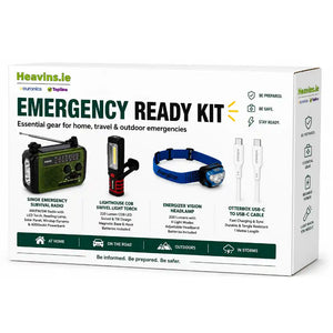 Heavins.ie Emergency Ready Kit box displaying four essential items: green Sinox Emergency Survival Radio with solar panel, red and black Lighthouse COB Swivel Light Torch, blue Energizer Vision Headlamp, and white Otterbox USB-C to USB-C charging cables, featuring icons for home, travel, outdoor and storm preparedness