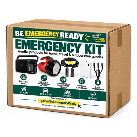 Cardboard emergency kit box displaying portable radio, red and black LED torch, yellow LED headtorch, white 4000mAh power bank, and 3-in-1 charging cable with product information and Be Emergency Ready branding