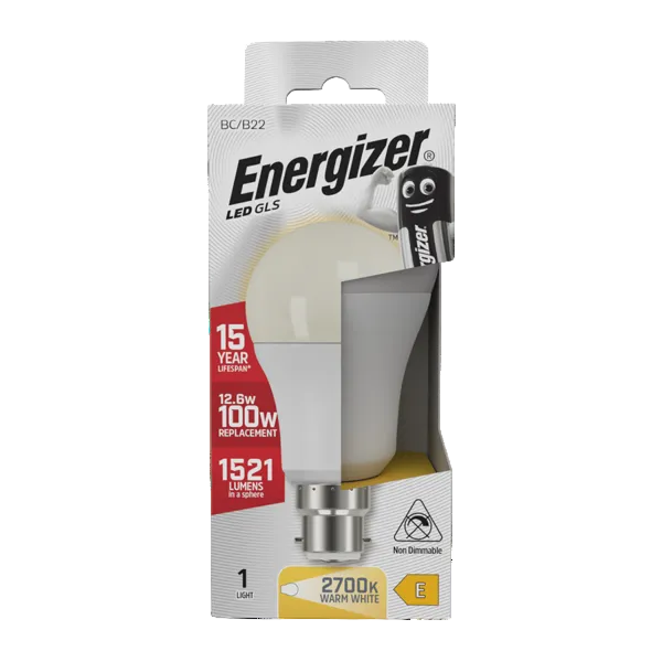 Energizer LED GLS bulb BC/B22 12.5W 100W replacement 1521 lumens warm white 2700K non-dimmable in packaging showing 15 year lifespan