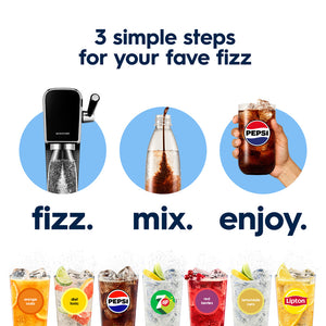 SodaStream E-Terra black sparkling water maker with carbonation bottle shown in three steps: fizz using the machine, mix with beverages like Pepsi and 7UP, and enjoy in a glass with ice, featuring example drink options including orange soda, diet tonic, Pepsi, 7UP, red berries, Limonads zero, and Lipton tea
