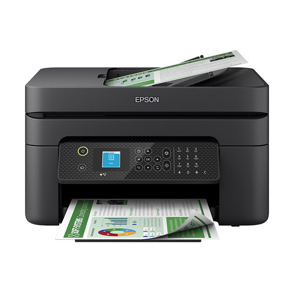 Epson WorkForce WF-2930DWF black multifunction printer with automatic document feeder showing green printed spreadsheet document in output tray