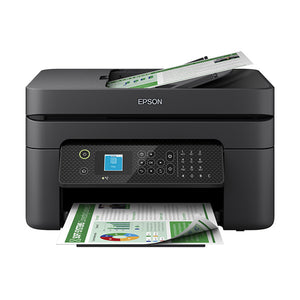 Epson WorkForce WF-2930DWF black multifunction printer with automatic document feeder showing green printed spreadsheet document in output tray
