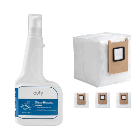 eufy Omni E28 bundle: 473ml floor cleaning solution bottle beside a 3 pack of auto-empty station dust bags