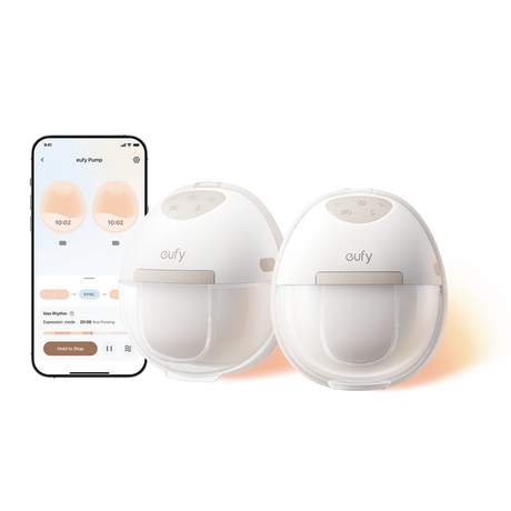 Eufy E20 wearable heated electric breast pump set showing two white silicone pump units with beige accents next to smartphone displaying the companion app interface with control settings and timer displays