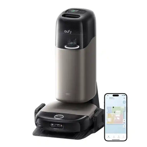 Eufy Robovac Omni S2 black robotic vacuum with silver dust bin base station and smartphone app display showing smart home integration