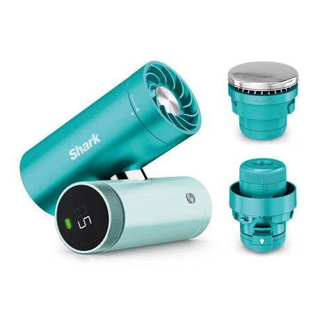 Turquoise Shark vacuum cleaner with attachments on a white background