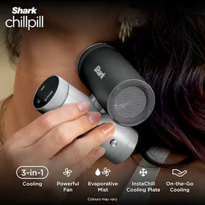 Shark Chillpill cooling device held by a person with product features displayed.