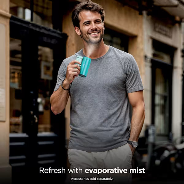 Man holding a blue cup outdoors with text 'Refresh with evaporative mist'.