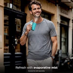 Man holding a blue cup outdoors with text 'Refresh with evaporative mist'.