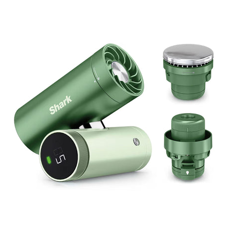 Green hair dryer with attachments on a white background