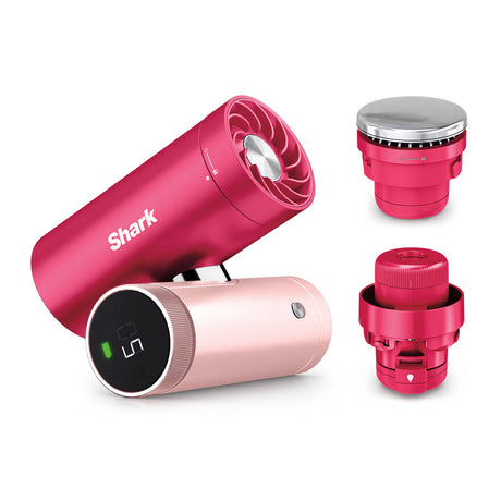 Pink Shark hair dryer with attachments on a white background