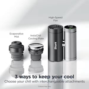 Shark portable cooler with interchangeable attachments on a light gray background