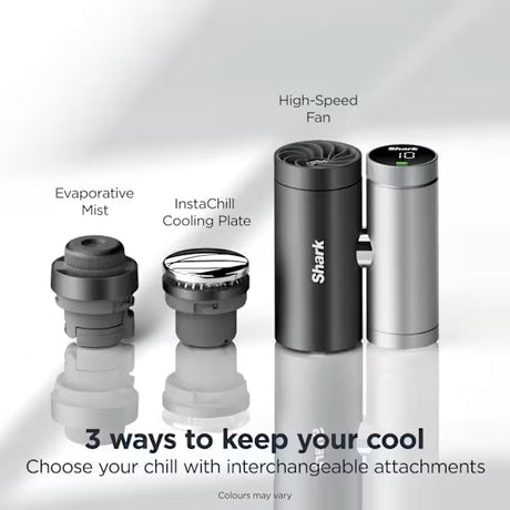 Shark portable cooler with interchangeable attachments on a light gray background