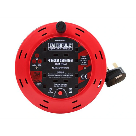 Faithfull 10 Metre 10A Cable Extension Reel (4 Sockets) 
