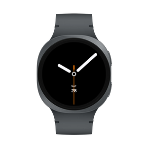 Samsung Galaxy Watch 8 Cellular LTE 44mm smartwatch in graphite gray with black silicone band displaying time 10:10 on circular AMOLED screen with orange accents showing SAT 28 date