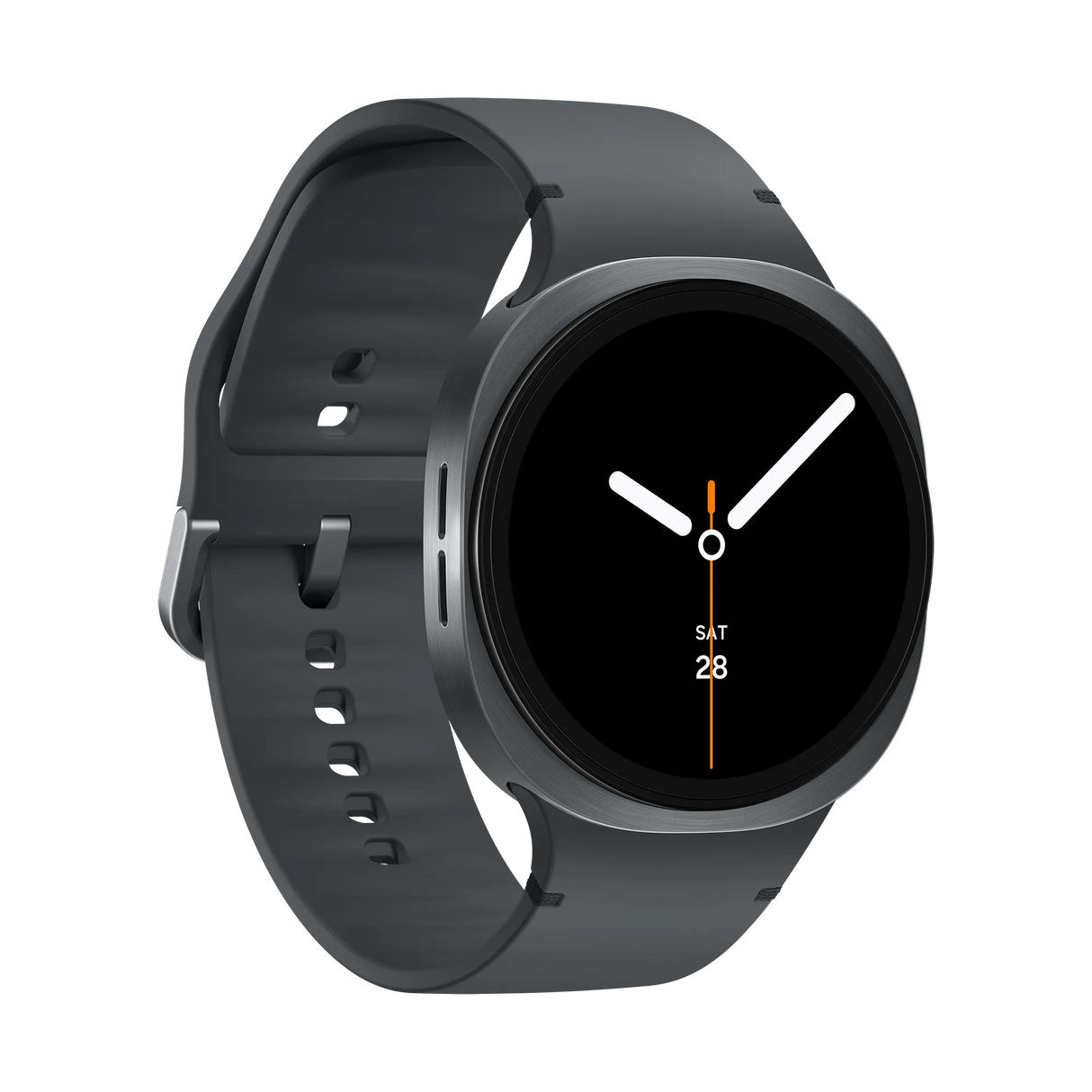 Samsung Galaxy Watch 8 Cellular LTE 44mm smartwatch in graphite grey with dark silicone sport band, displaying time 10:10 with date Saturday 28 on black AMOLED screen