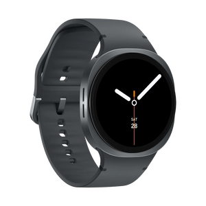 Samsung Galaxy Watch 8 Cellular LTE 44mm smartwatch in graphite grey with dark silicone sport band, displaying time 10:10 with date Saturday 28 on black AMOLED screen