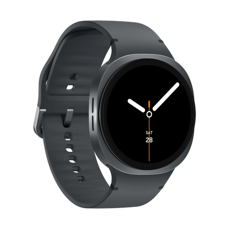 Samsung Galaxy Watch 8 Cellular LTE 44mm smartwatch in graphite grey with dark silicone sport band, displaying time 10:10 with date Saturday 28 on black AMOLED screen