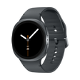 Samsung Galaxy Watch 8 Cellular LTE 44mm smartwatch in graphite gray with dark silicone band, displaying black watch face with white hour markers and orange accents showing Saturday 28