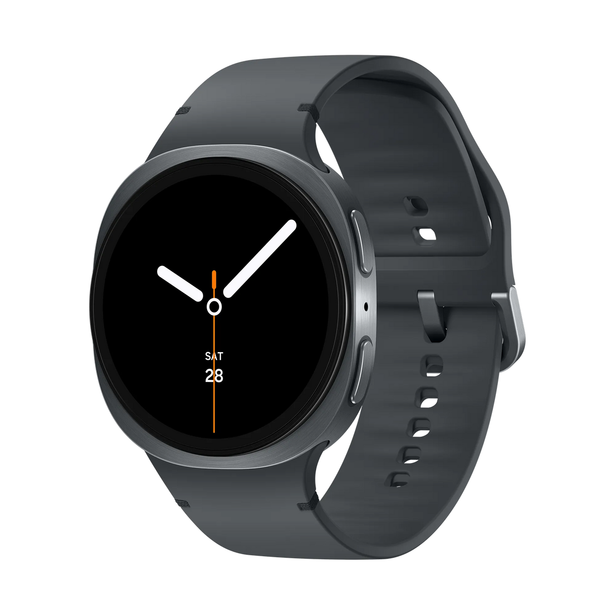 Samsung Galaxy Watch 8 Cellular LTE 44mm smartwatch in graphite gray with dark silicone band, displaying black watch face with white hour markers and orange accents showing Saturday 28