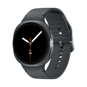 Samsung Galaxy Watch 8 Cellular LTE 44mm smartwatch in graphite gray with dark silicone band, displaying black watch face with white hour markers and orange accents showing Saturday 28