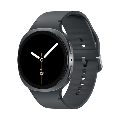 Samsung Galaxy Watch 8 Cellular LTE 44mm smartwatch in graphite gray with dark silicone band, displaying black watch face with white hour markers and orange accents showing Saturday 28