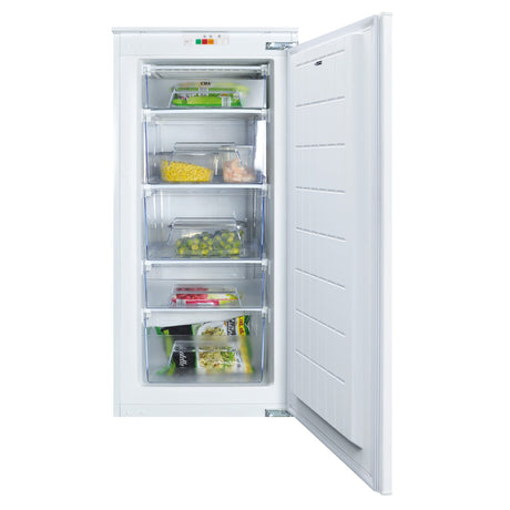 CDA 130 litre integrated white upright freezer with door open showing multiple frozen food items including vegetables, meat and frozen meals across six transparent drawers