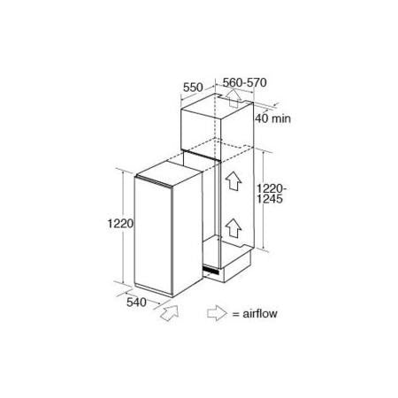 Technical diagram of CDA 130 litre integrated upright in-column freezer showing dimensions in millimetres, airflow design, and installation specifications with measurements of 540 width, 1220 height, and 560-570 depth