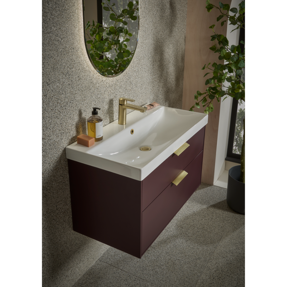 Modern burgundy wall-mounted bathroom vanity unit with white ceramic sink, brass tap, mirror with plant, soap dispenser and accessories in contemporary minimalist design