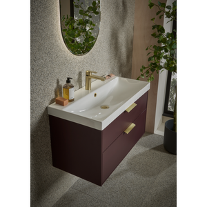 Modern burgundy wall-mounted bathroom vanity unit with white ceramic sink, brass tap, mirror with plant, soap dispenser and accessories in contemporary minimalist design