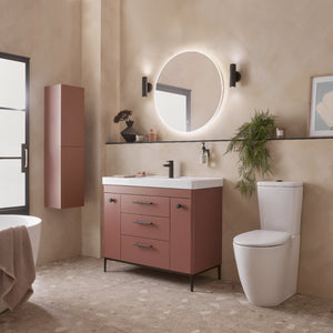 Modern bathroom vanity unit in terracotta red with white countertop and black metal handles, paired with white toilet and illuminated circular mirror with black sconces against warm beige walls, styled with potted plants and contemporary accessories