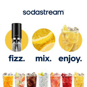 Sodastream Classic black carbonating machine with yellow circular background showing fizzy lemon water, fresh lemon slice in sparkling beverage, and seven colorful drink examples below including orange, lime, cola, plain soda and red fruit flavors