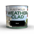 Fleetwood Weatherclad Black exterior masonry paint 1 litre tin with product branding and house imagery on label